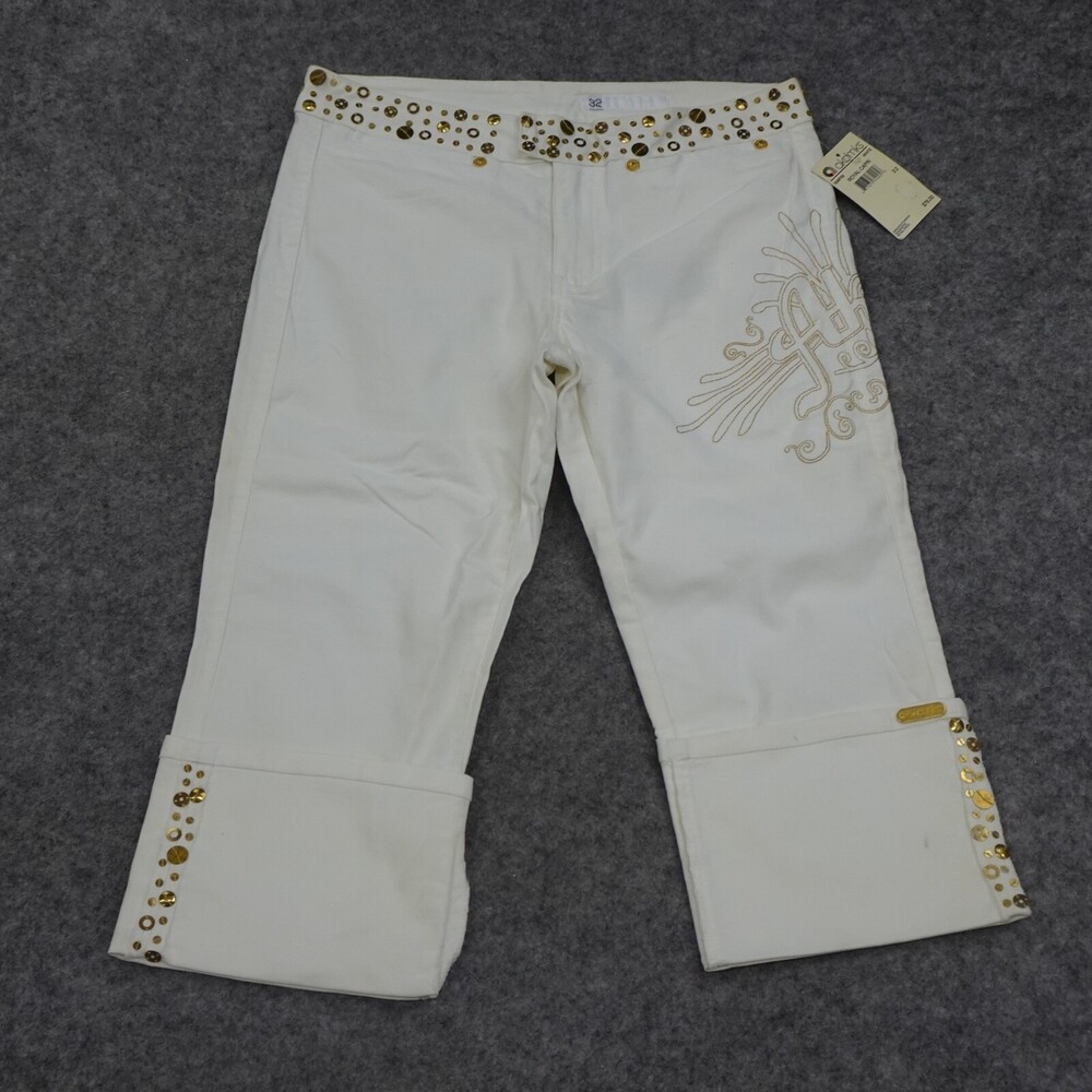 Vintage Akademiks Capri Pants Womens 32 NOS Royal Capri White Gold Y2K Bling